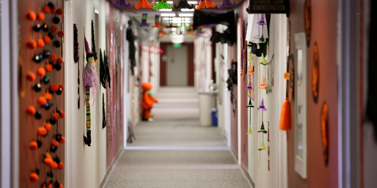 hallway decorated for Halloween