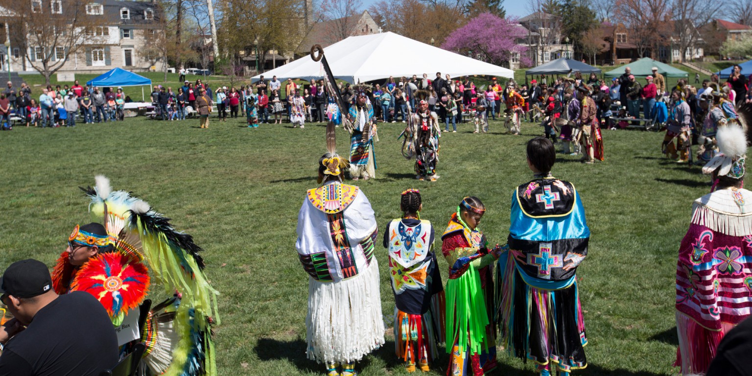 A crowd gathers to watch the annual powwow.