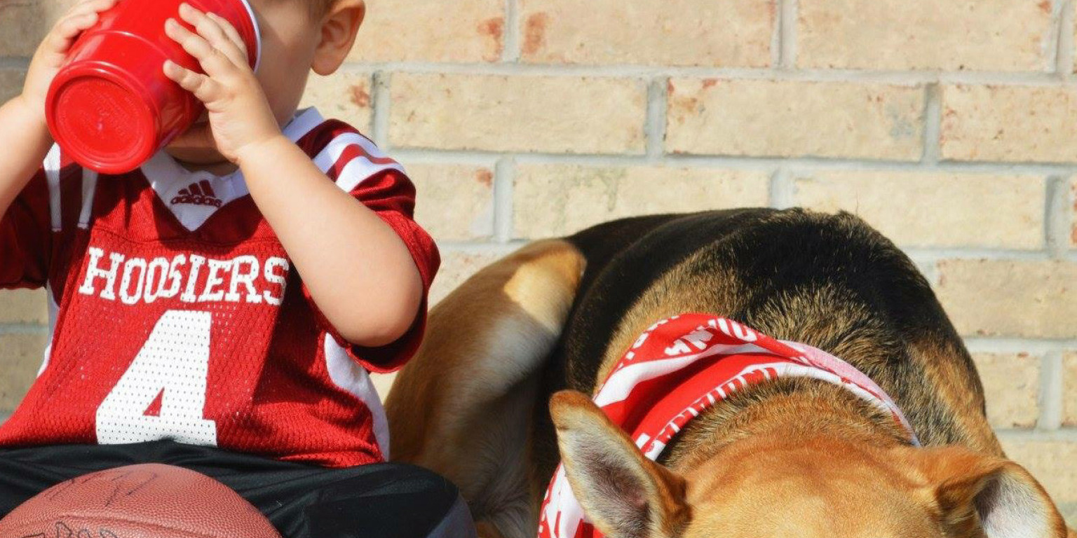 Toby, a child, drinks from a cup next to dog, Carter, both wearing IU apparel.