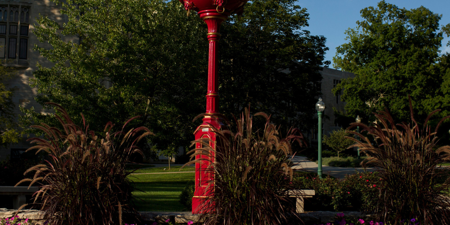 Red clock on IU Bloomington campus