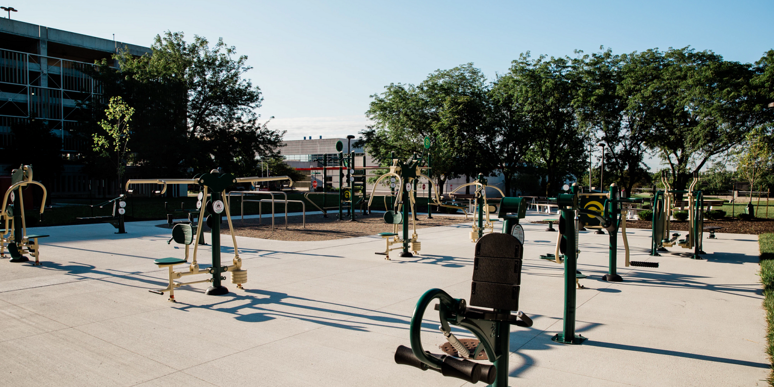 a collection of outdoor fitness equipment