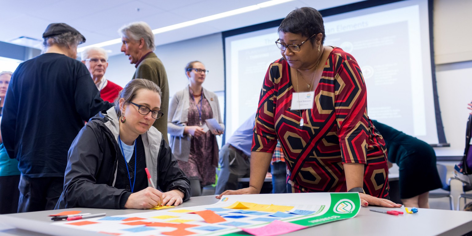 Attendees at the 2018 Sustainability Summit write on Post-It notes during a breakout session.