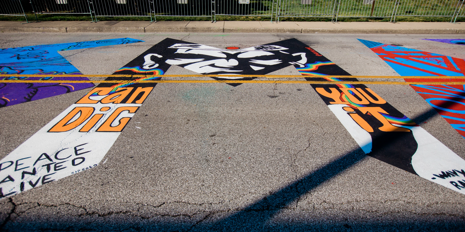 a closeup of the letter M of the Black Lives Matter street art