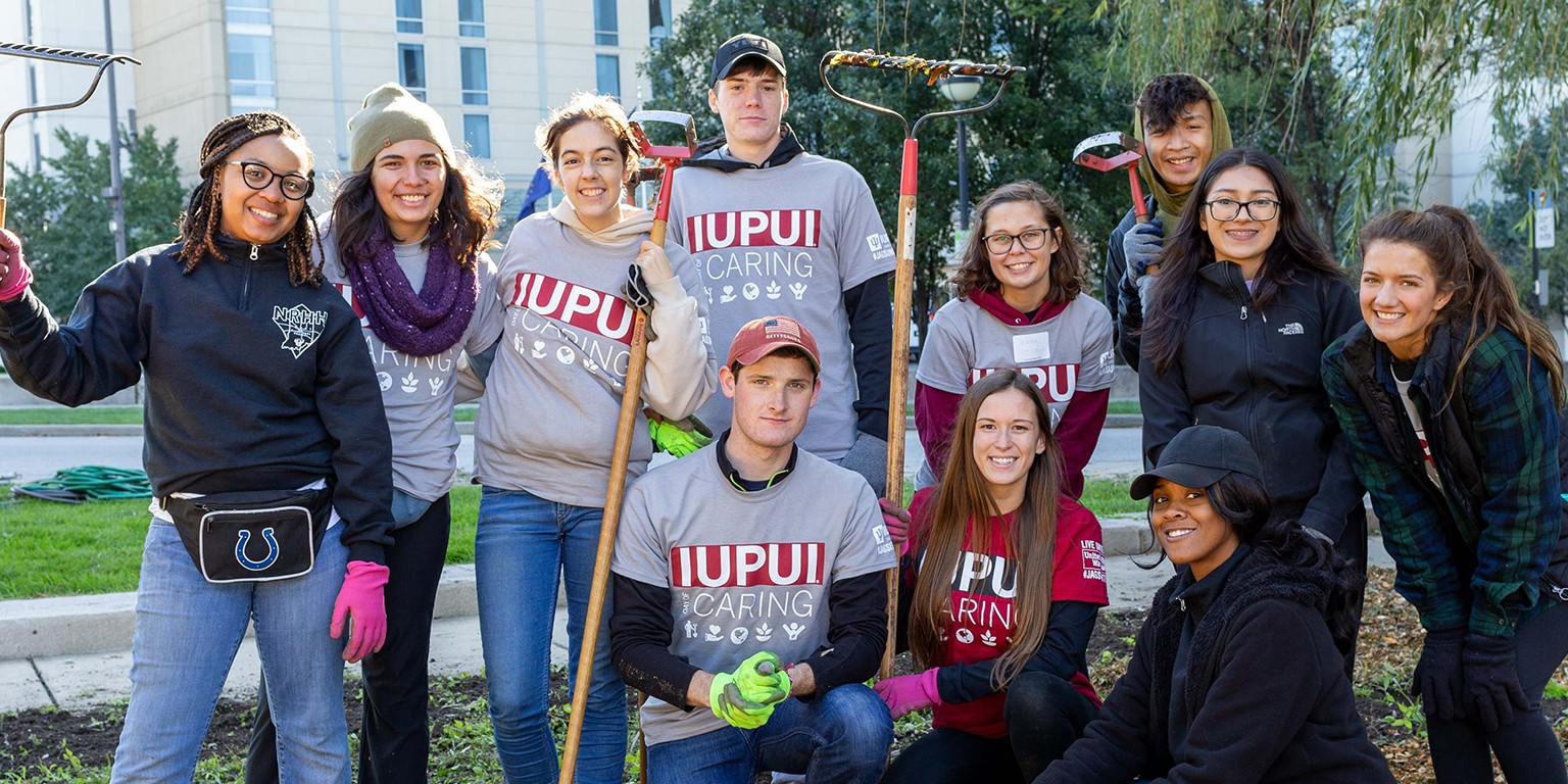 A group of students pose for a picture during IUPUI Day of Caring