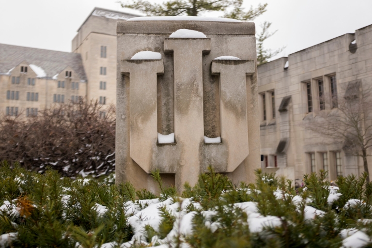 A limestone trident on the IU campus