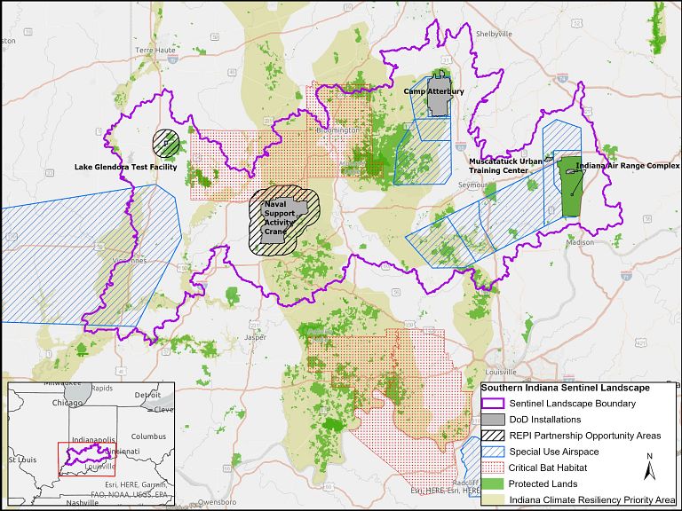 Map of southern Indiana with the Southern Indiana Sentinel Landscape outlined