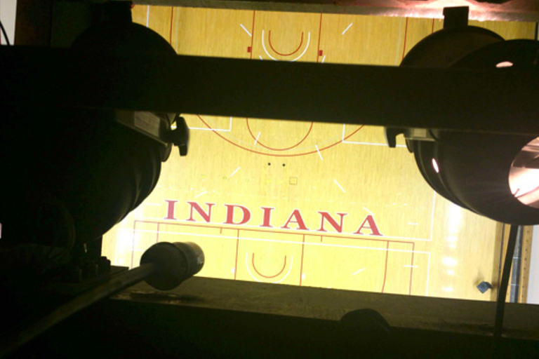 A view from the catwalk high above the basketball court at Simon Skjodt Assembly Hall