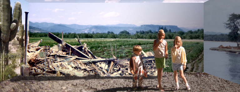 Three children stand near a pile of rubble