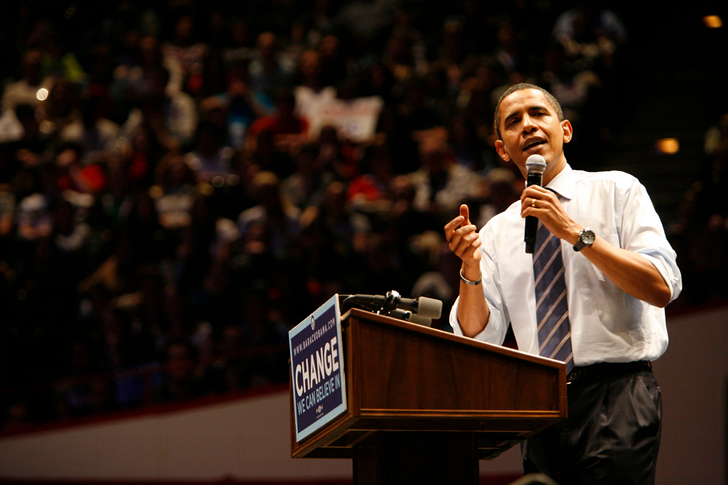 Barack Obama speaking at assembly hall