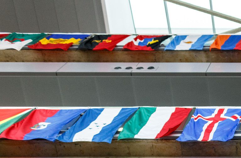 International flags hang in the IUPUI Campus Center