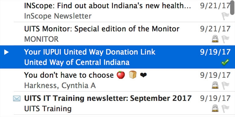An email inbox highlighting an email that says 'Your IUPUI United Way Donation Link'