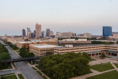 Aerial view of IUPUI with Indianapolis skyline in the background