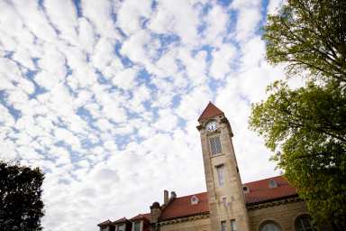 The Student Building clock tower on the Bloomington campus