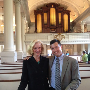 Jonathan Rudy and Janette Fishell after his win in Harvard's historic Memorial Church.