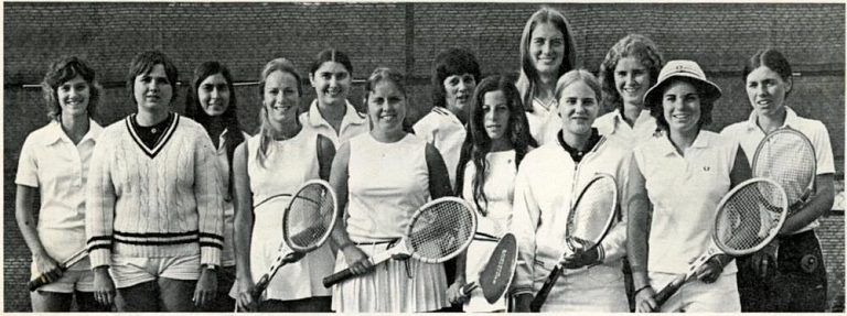 A black-and-white photo of the women's tennis team