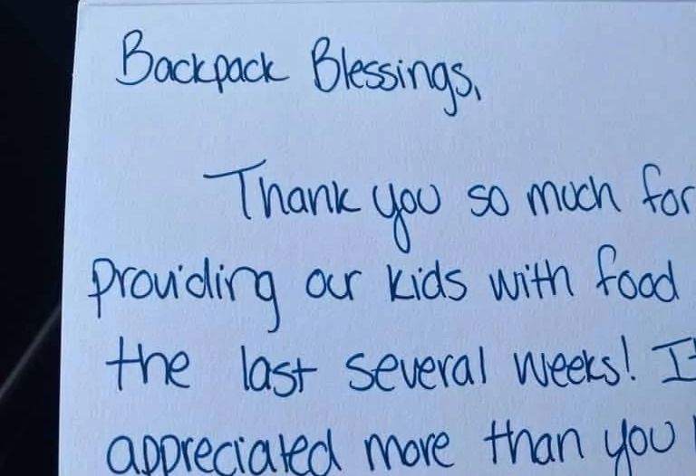 A hand-written thank-you note to Backpack Blessings