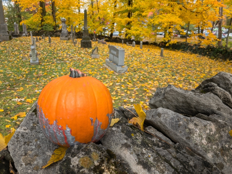 a pumpkin rests on a stone wall in a cemetery