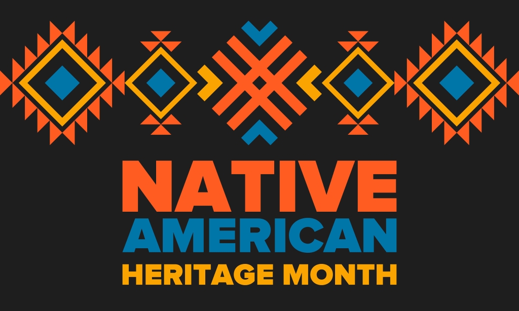 A black graphic with 'Native American Heritage Month' in red, blue and yellow, with a tribal design.