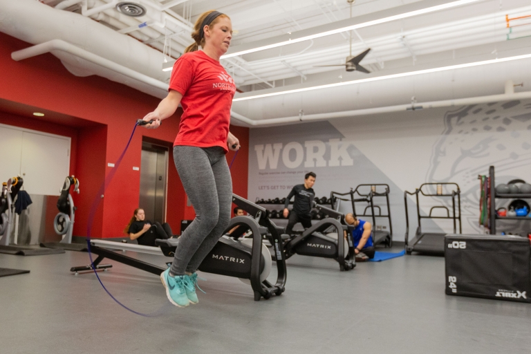 A student jumps rope at the IUPUI fitness center