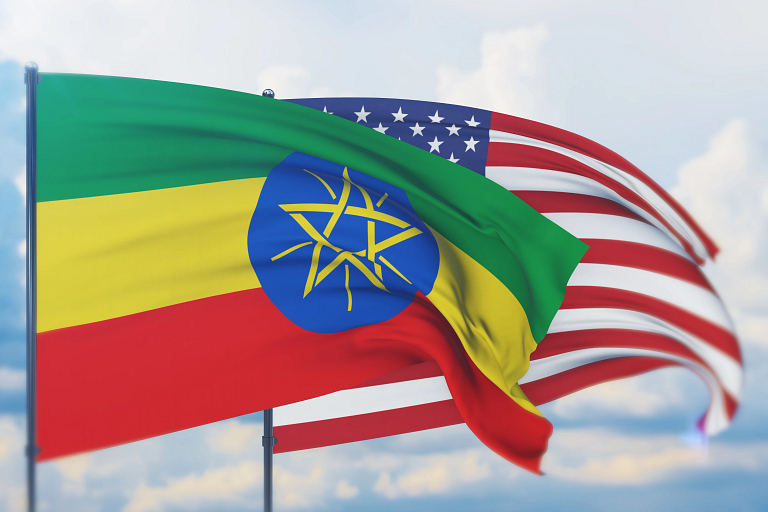 The Ethiopian and American flags wave together