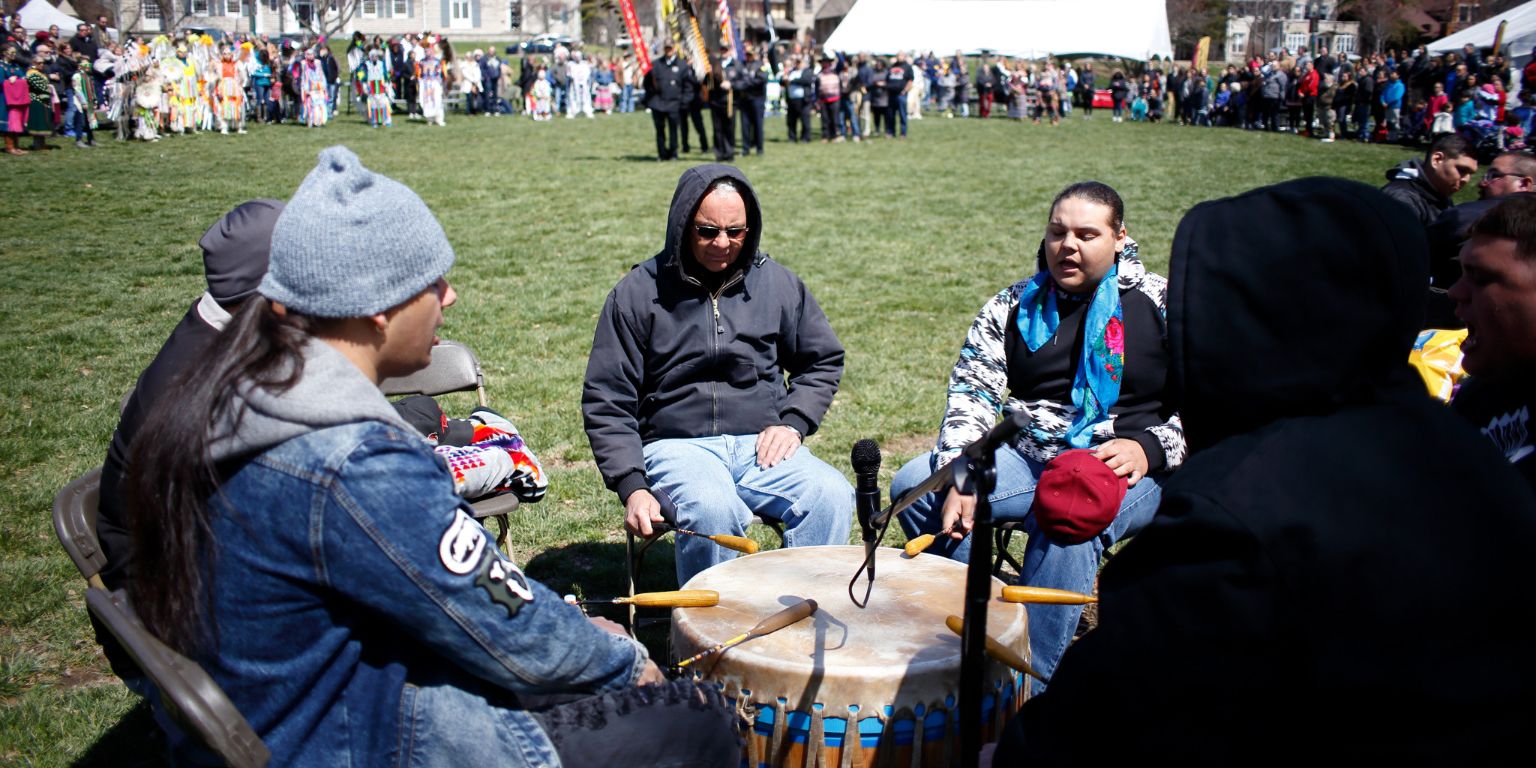 A drum circle at IU's powwow