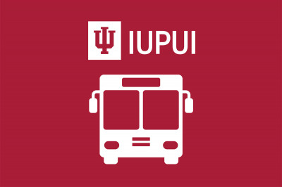 A bus outline and IUPUI tab in red and white