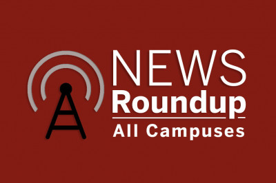 White text on a red background reads News Roundup, all campuses