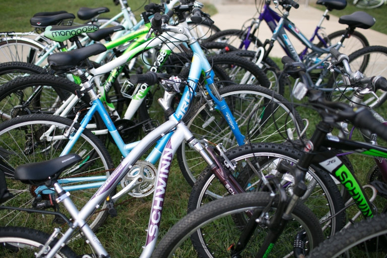 A line of bicycles parked on the IU Bloomington campus.