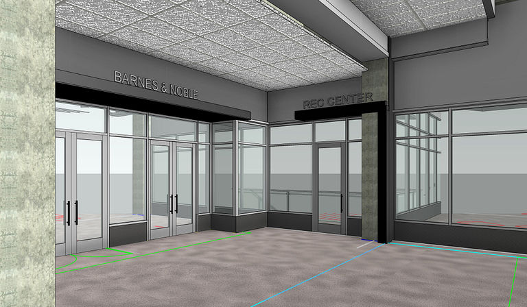 A rendering of the proposed front door of the recreation center next to the Barnes and Noble.