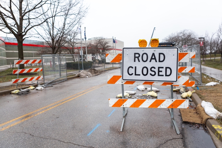 Road closed sign warns of construction