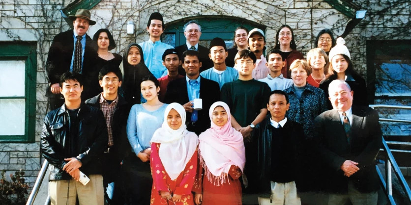 IU administrators with Malaysian students in the late ’80s