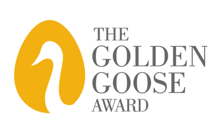 The Golden Goose Award logo with a depiction of a golden egg with a goose's head visible within it