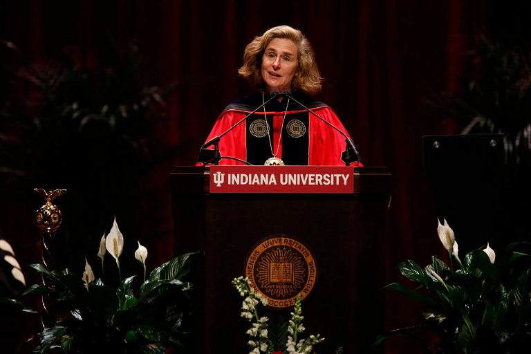 IU President Pamela Whitten speaks on stage