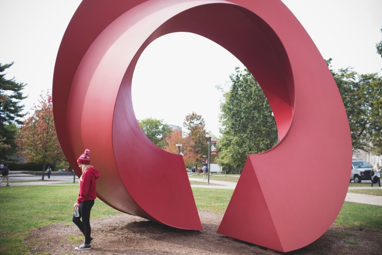 A red sculpture on IU's campus