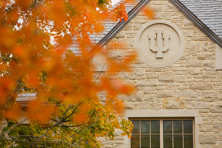 fall leaves in front of a limestone building on the Bloomington campus