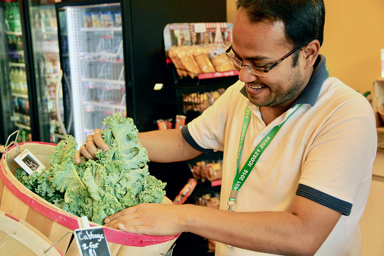 Chemistry postdoc Kapileswar Seth picks up some kale.