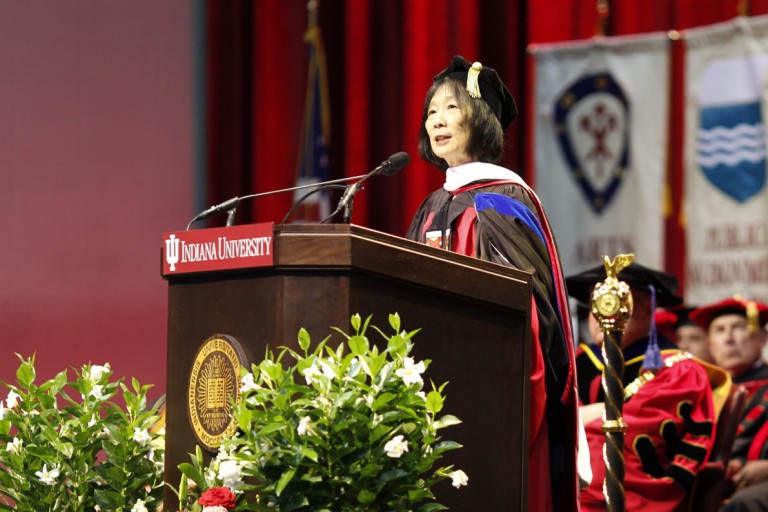 Pauline Yu addresses students at the 2017 graduate commencement ceremony