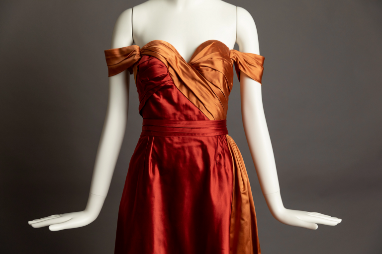 A closeup of a copper-colored dress from "Reversal of Fortune" displayed on a mannequin