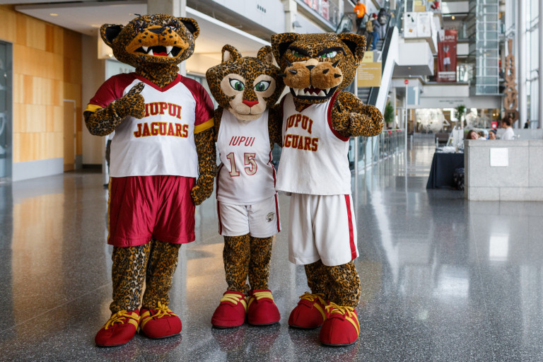 the IUPUI mascots, Jinx, Jawz and Jazzy, in the Campus Center