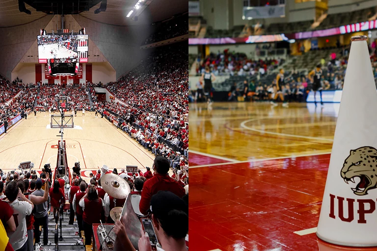 an image of half of Simon Skjodt Assembly Hall and then IUPUI megaphone at Indiana Farmers Coliseum