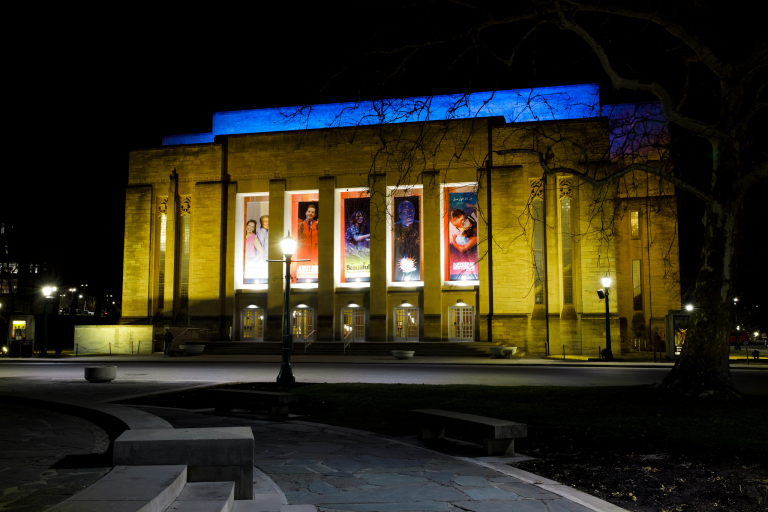 The IU Auditorium lit up in the colors of the Ukrainian flag.