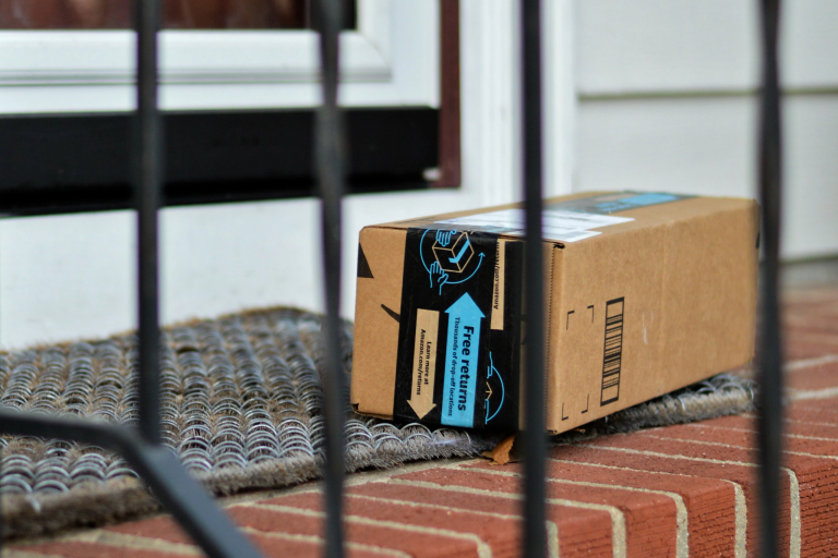 A package sits outside a home.