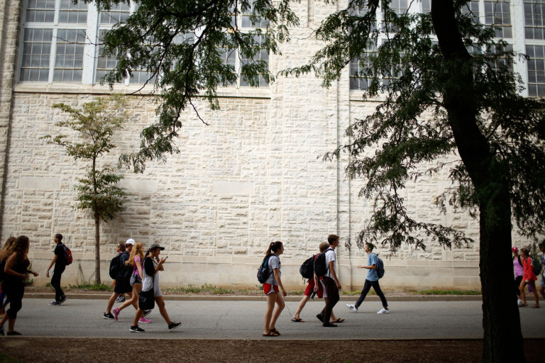 Students walk outside on the Bloomington campus