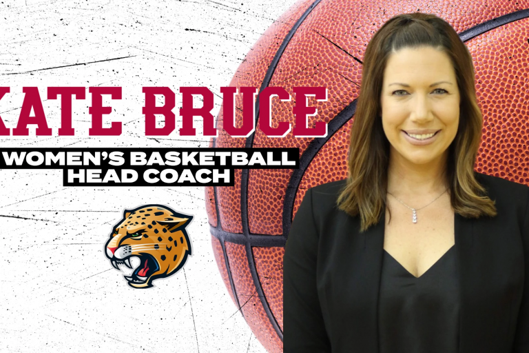 Woman in front of a basketball graphic that reads "Kate Bruce, women's basketball head coach"