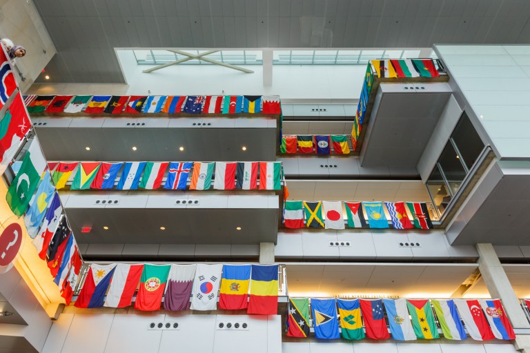 International flags at the Campus Center