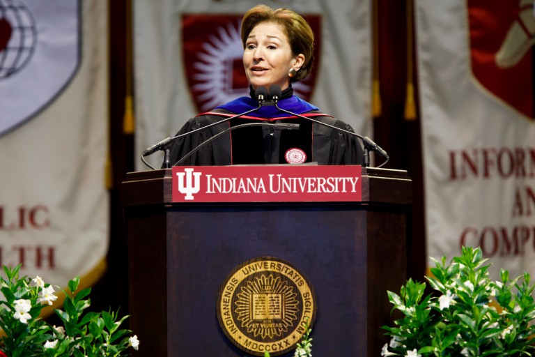 Anne-Marie Slaughter addresses students at the undergraduate commencement ceremony at IU Bloomington