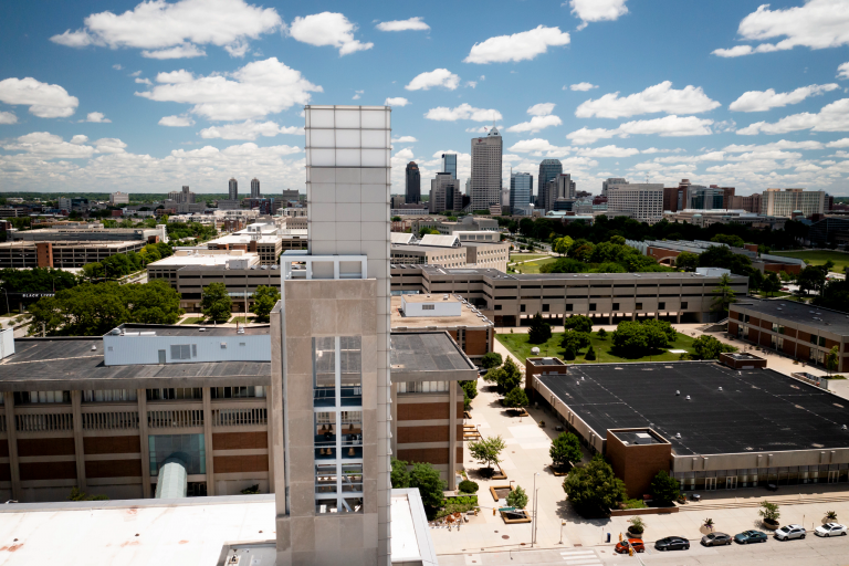 An aerial shot of above the IUPUI Campus Center looking downtown