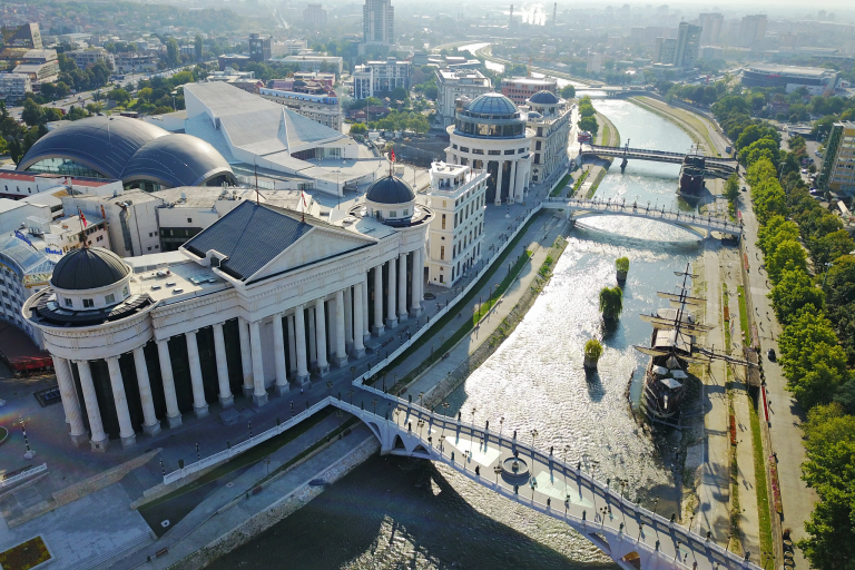 Aerial view of Macedonia square in Skopje city