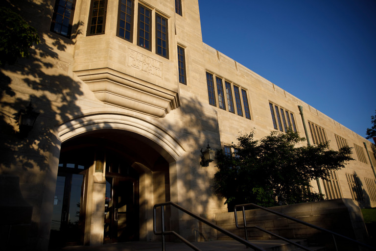 Maurer School of Law at Indiana University Bloomington is pictured on a summer evening.