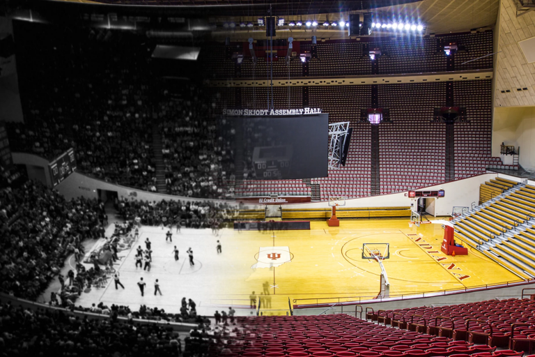 A gradient image blending old and new photos of Simon Skjodt Assembly Hall